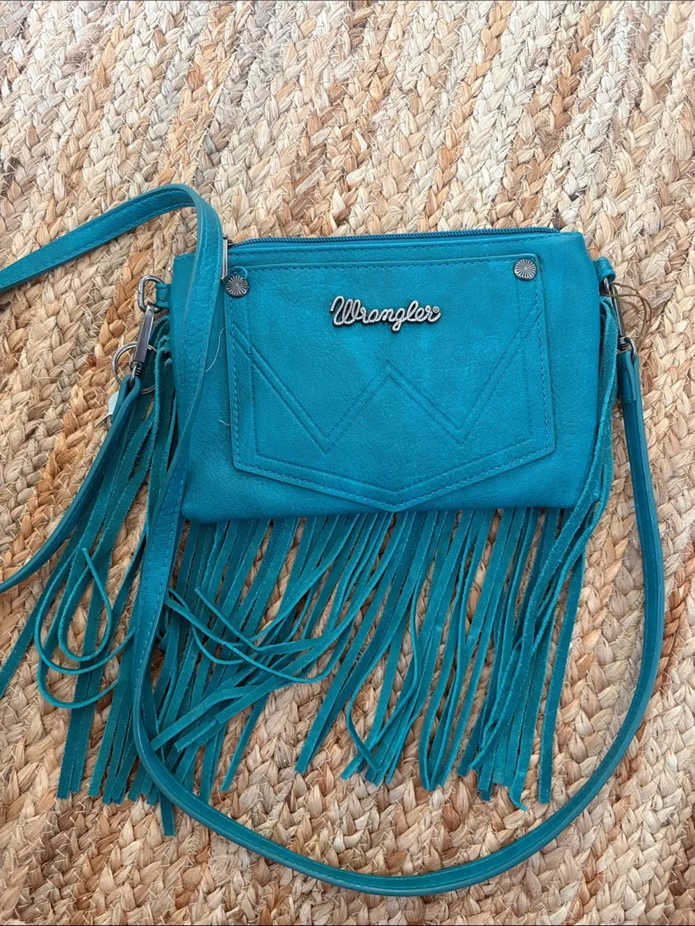Tooled Fringe Crossbody Wallet in Teal by